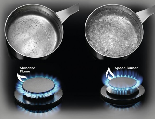 Speed ​​​​brenneren er designet for å raskt varme bunnen av kokekaret.  En sterkere og raskere virkende flamme sparer opptil 20 % energi.